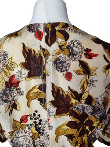Late 1940s Golden, Brown and Red Flower/Leaf Print Dress