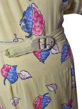 Load image into Gallery viewer, 1940s Acid Yellow, Black, White, Beige, Pink and Blue Novelty Print Leaf Dress
