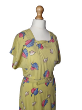Load image into Gallery viewer, 1940s Acid Yellow, Black, White, Beige, Pink and Blue Novelty Print Leaf Dress
