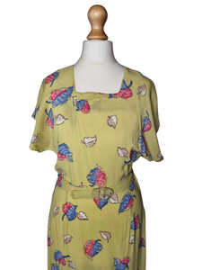 1940s Acid Yellow, Black, White, Beige, Pink and Blue Novelty Print Leaf Dress