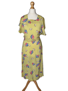 1940s Acid Yellow, Black, White, Beige, Pink and Blue Novelty Print Leaf Dress
