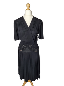 1940s Black Crepe Studded Dress