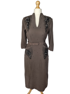 1940s Grey Dress With Beading and Sequins