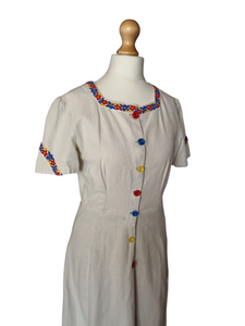 1940s Thick Cream Linen Dress With Red, Yellow and Blue Detail