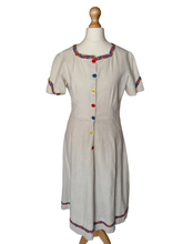 Load image into Gallery viewer, 1940s Thick Cream Linen Dress With Red, Yellow and Blue Detail
