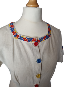 1940s Thick Cream Linen Dress With Red, Yellow and Blue Detail