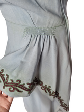 Load image into Gallery viewer, 1940s Wounded Pale Blue Grecian Style Dress With Aubergine Trim
