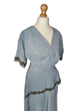 Load image into Gallery viewer, 1940s Wounded Pale Blue Grecian Style Dress With Aubergine Trim

