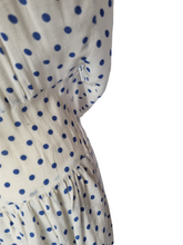 Load image into Gallery viewer, 1940s Blue and White Polka Dot Peplum Dress
