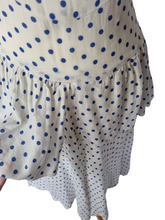 Load image into Gallery viewer, 1940s Blue and White Polka Dot Peplum Dress
