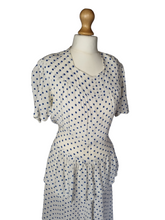 Load image into Gallery viewer, 1940s Blue and White Polka Dot Peplum Dress
