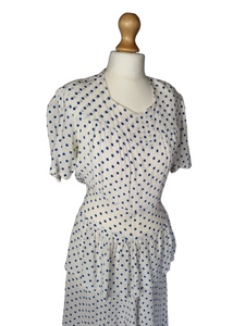 1940s Blue and White Polka Dot Peplum Dress