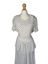 Load image into Gallery viewer, 1940s Blue and White Polka Dot Peplum Dress
