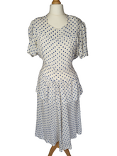Load image into Gallery viewer, 1940s Blue and White Polka Dot Peplum Dress
