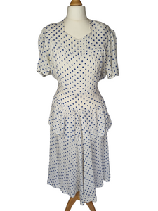 1940s Blue and White Polka Dot Peplum Dress