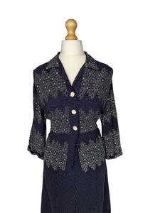 1940s Navy Blue and White Self Patterned Dress