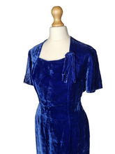 Load image into Gallery viewer, Late 1940s Royal Blue Velvet Dress With Bow
