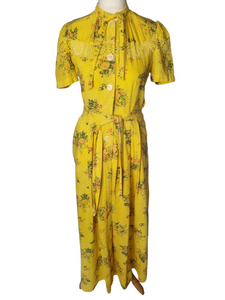 1940s Yellow, Red and Green Floral Print Seersucker Long House Dress