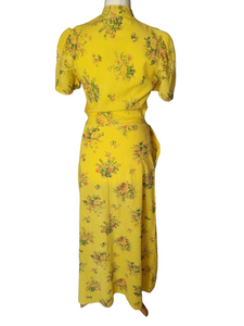 1940s Yellow, Red and Green Floral Print Seersucker Long House Dress