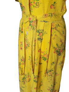 1940s Yellow, Red and Green Floral Print Seersucker Long House Dress