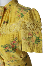 Load image into Gallery viewer, 1940s Yellow, Red and Green Floral Print Seersucker Long House Dress
