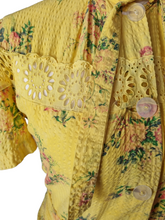 Load image into Gallery viewer, 1940s Yellow, Red and Green Floral Print Seersucker Long House Dress
