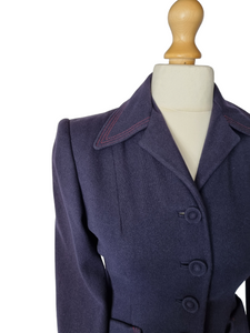 1940s Navy Blue and Red Belted Back Suit
