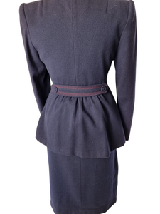 1940s Navy Blue and Red Belted Back Suit