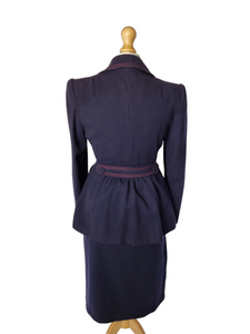 1940s Navy Blue and Red Belted Back Suit