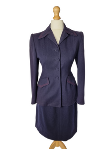 1940s Navy Blue and Red Belted Back Suit