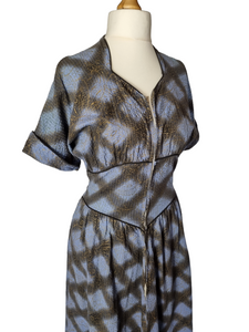 1940s Blue, Black and Gold Seersucker Zip Front Long House Dress