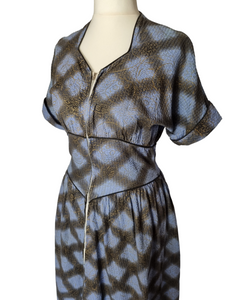 1940s Blue, Black and Gold Seersucker Zip Front Long House Dress