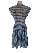 Load image into Gallery viewer, 1950s Blue, Grey, White and Black Stripe Sheer Dress

