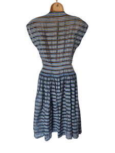 1950s Blue, Grey, White and Black Stripe Sheer Dress