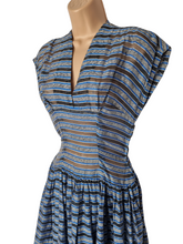 Load image into Gallery viewer, 1950s Blue, Grey, White and Black Stripe Sheer Dress
