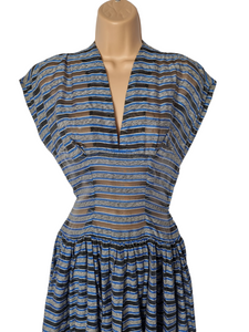 1950s Blue, Grey, White and Black Stripe Sheer Dress