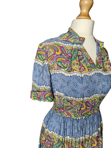 1940s Sky Blue and Multicoloured Paisle Print Dress With Amazing Collar