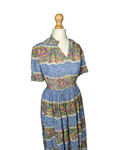 Load image into Gallery viewer, 1940s Sky Blue and Multicoloured Paisle Print Dress With Amazing Collar
