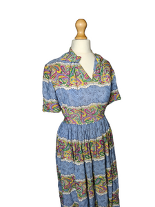 1940s Sky Blue and Multicoloured Paisle Print Dress With Amazing Collar
