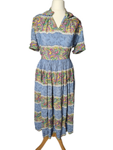 Load image into Gallery viewer, 1940s Sky Blue and Multicoloured Paisle Print Dress With Amazing Collar
