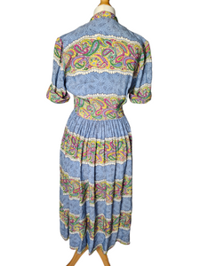 1940s Sky Blue and Multicoloured Paisle Print Dress With Amazing Collar