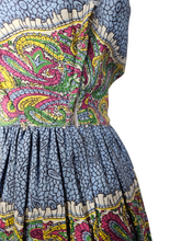 Load image into Gallery viewer, 1940s Sky Blue and Multicoloured Paisle Print Dress With Amazing Collar
