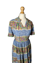 Load image into Gallery viewer, 1940s Sky Blue and Multicoloured Paisle Print Dress With Amazing Collar
