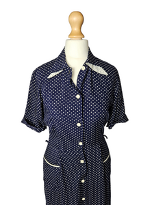 1940s Navy Blue and White Polka Dot Dress