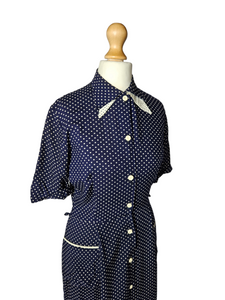 1940s Navy Blue and White Polka Dot Dress