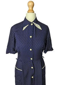 1940s Navy Blue and White Polka Dot Dress