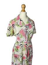 Load image into Gallery viewer, 1940s Pink, Green, Black Waffle Cotton Bird and Leaf Print Dress
