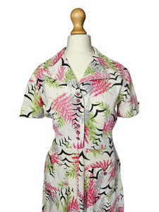 1940s Pink, Green, Black Waffle Cotton Bird and Leaf Print Dress