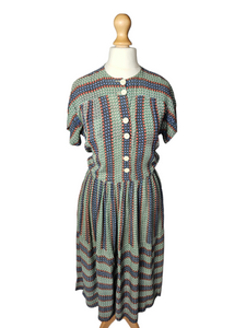 1940s Orange, Blue and Green Striped Floral Dress