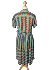 1940s Orange, Blue and Green Striped Floral Dress